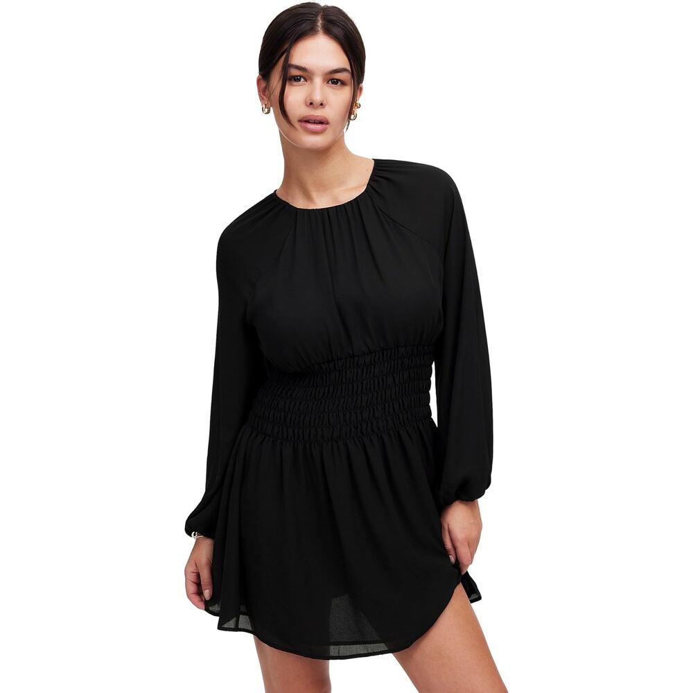 Madewell Lima Mini Flat Poly Chiffon Dress WMN S Black Smocked NT369 Long Sleeve